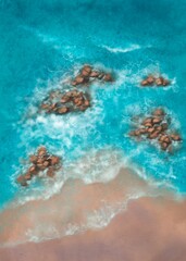 Sea beach with reefs. Top view. Digital painting.