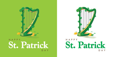 Saint Patrick's Day greeting card with Harp covered with clovers and gold coins. Irish holiday Vector illustration