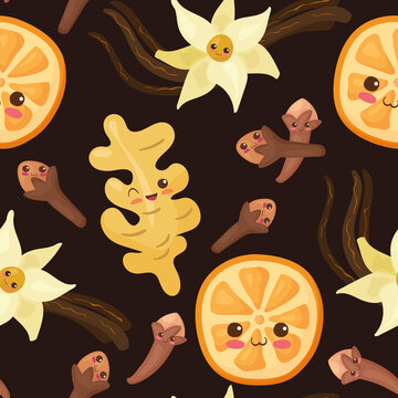 Seamless pattern with spices on dark background. Cute vector illustration of orange, cloves, vanilla and ginger. Kawaii funny smiling food characters. Children menu, kitchen, card, background design.