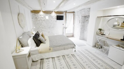clean and comfortable interior design indoor double bedroom without people present.

Small air bnb located in the french pyrenees.