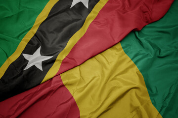 waving colorful flag of guinea and national flag of saint kitts and nevis.
