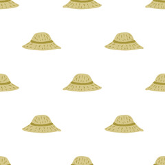 Pastel tones seamless pattern with beige decorative hat silhouettes. Fashion simple print.