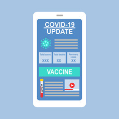 Covid-19 coronavirus update on smartphone screen in flat design. Covid-19 global information news- total cases, deaths, recovery cases and vaccine update on mobile app.