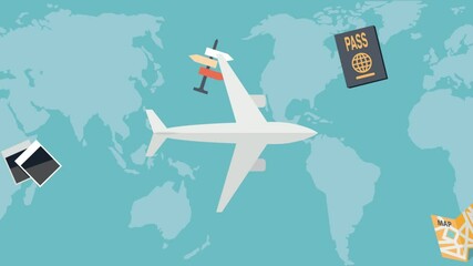 Summer holidays. Airplane fly against the background of globe. Flying icons. Animated illustration. Loop footage