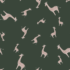 Random seamless pattern with pale lilac giraffe silhouettes. Dark grey background. Cartoon style print.