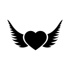 Black heart with wings on a light background. Icon for web graphics. Flat design style.