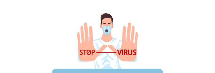 The doctor in a protective mask shows a hand to stop the virus. Fighting the pandemic. 