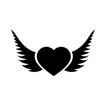 Black heart with wings on a light background. Icon for web graphics. Flat design style.