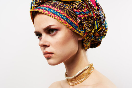 Emotional Cheerful Woman With A Turban On Her Head Traditional Clothing Studio Close-up