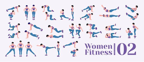 Fototapeta na wymiar Women Workout Set. Women doing fitness and yoga exercises. Lunges, Pushups, Squats, Dumbbell rows, Burpees, Side planks, Situ ps, Glute bridge, Leg Raise, Russian Twist, Side Crunch .etc