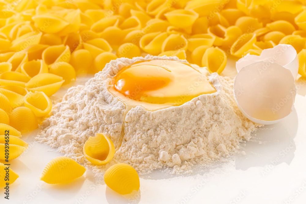 Sticker broken egg in flour and pasta