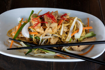 Chicken Chow Mein Noodles on white plate