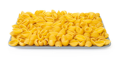 raw pasta conchiglie on white isolated background