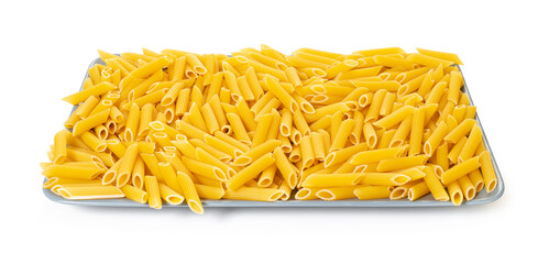 raw pasta penne rigate on white isolated background