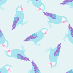 Pastel palette seamless pattern with doodle simple blue parrot ara elements. Macaw bird ornament.