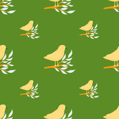 Vintage fauna seamless pattern with hand drawn yellow birds on branches ornament. Green background.