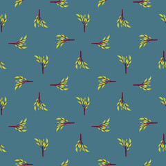 Geometric seamless pattern with bright yellow leaf branches shapes. Blue pastel background.