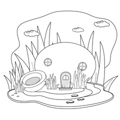 Coconut house in the middle of the forest. Black and white vector illustration for a coloring book