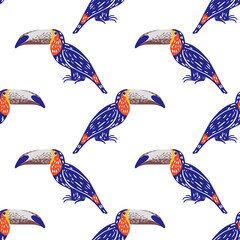 Isolated cartoon seamless pattern with bright navy blue toucan shapes. White background.