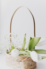 bouquet of white tulips in a basket