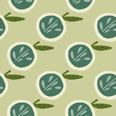 Pastel tones cartoon seamless pattern with blue apple shapes ornament. Beige background.
