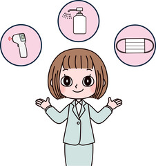 熱を測る、消毒、マスク着用注意喚起