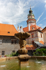 Fountain near the Church of St. Vitus in Czech Krumlov, Czech Republic