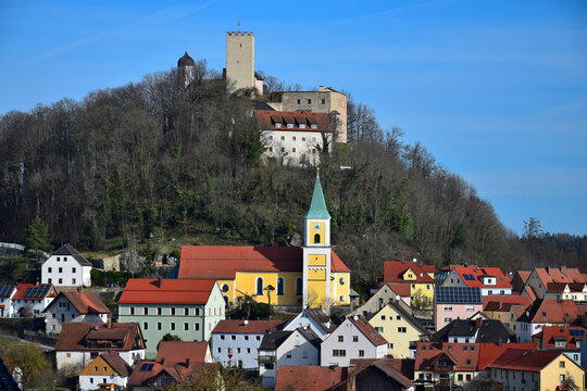 Falkenstein, a small town with a church and a fortress. Upper Palatinate,Bavaria, Germany.