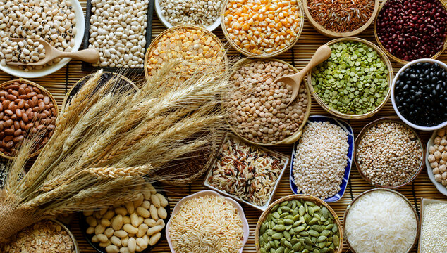 Variety kind of dry organic cereal and grain seeds in wooden and ceramic bowl with bundle of dry wheat in dark tone, for healthy or clean food ingredient or agricultural product concept