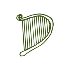 stringed instrument vector illustration isolated on white background. simple harp icon. green outline, hand drawn vector. doodle for kids, logo, sticker, clipart, poster, banner, cover. 