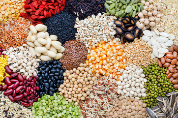 Variety kind of dry organic cereal and grain seeds pile for healthy or clean food ingredient or agricultural product concept