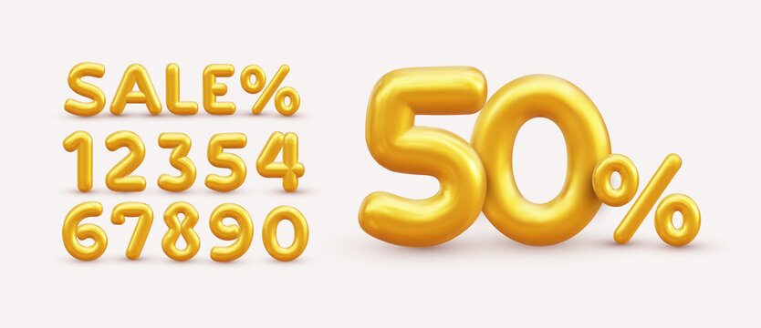 Sale off discount promotion set made of realistic numbers 3d gold helium balloons. Vector Illustration of balloon golden 50% percent discount collection for your unique selling poster, banner ads.