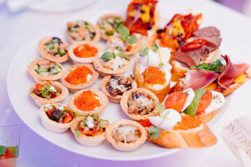 plate with tartlets and sandwiches. snack for buffet. catering for the holiday. 