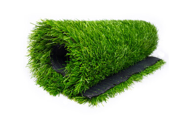plastic roll of green grass on white background