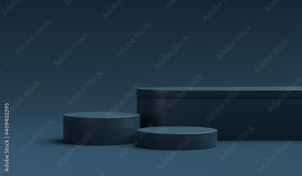 Aufkleber navy blue product display stand or podium pedestal on advertising background with blank backdrops. 3