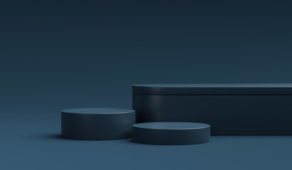Navy blue product display stand or podium pedestal on advertising background with blank backdrops. 3D rendering.
