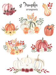 Watercolor pumpkins 8 Autumn pumkins arrangments Fall watercolor clipart on white background Great for thanksgiving cards, invitations, announcements or home autumn decor Hand painted flowers