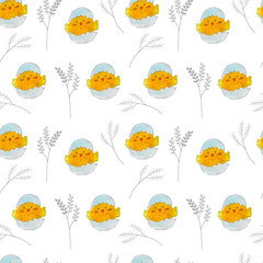 Seamless illustration with a chicken in an egg and a pussy willow branch.