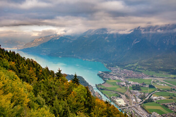 Fototapeta premium Aerial view of Interlaken town and and Lake Brienz from view point at Harder Kulm, Switzerland.