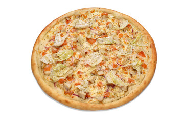 Concept of horizontal advertising poster for pizzeria menu. Great vegetarian pizza. Close-up, isolated.