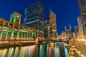 Scene of Chicago riverwalk cityscape at the twilight time, USA downtown skyline, illinois, United state of america, Architecture and building,travel with tourist concept