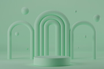 3d rendering cylinder podium on pastel green background with spheres and arches.
