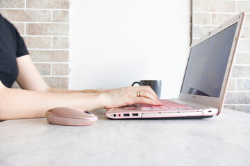 Woman hands typing on computer keyboard closeup, businesswoman or student using laptop panoramic banner, online learning, internet marketing and freelance work concept