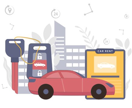 Car rent service advertising Vector illustration concept. Urban cityscape background. Automobile rental business. Selling, leasing, or renting car service. Flat design Illustration