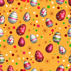 Seamless vector pattern with easter eggs, and dots on bright yellow background. Print design for wrapping gifts and packaging design 