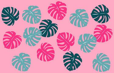 Vector illustration with leaves in a trendy flat style. Stylish pink background with monstera leaves.