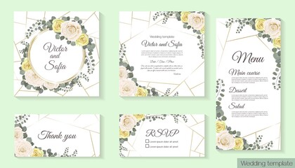 Floral design for wedding invitation. Gold round frame, white and yellow roses, branches with leaves, eucalyptus, green leaves and plants. Square invitation card, menu, rsvp, thank you.