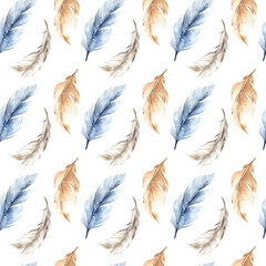 Watercolor pattern with multi-colored bird feathers. Perfect for printing, web, textile design, scrapbooking and various souvenirs.