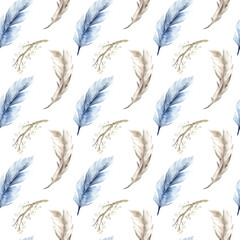 Watercolor seamless digital paper with multicolored bird feathers and flowering branch. Perfect for printing, web, textile design, scrapbooking and various souvenirs.