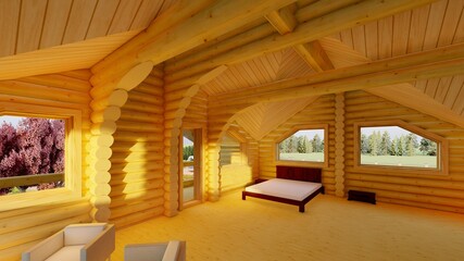 Wooden house made of round logs, villa, tiny house, wooden cottage, color illustration for advertising construction work. View of the house from the inside